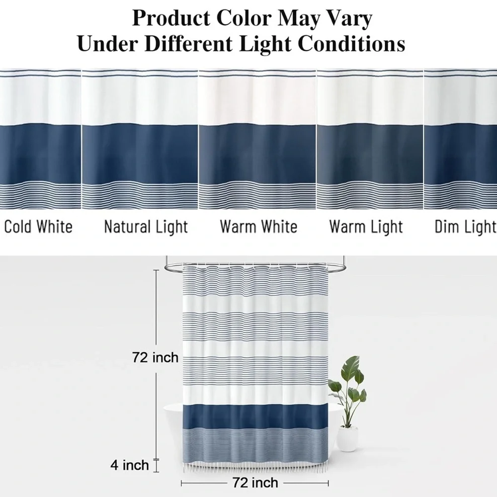 Navy Blue Shower Curtain for Bathroom Stripe Tassel 72 X 72” Farmhouse Cotton